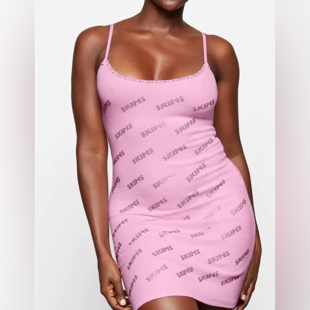 RHINESTONE LOGO POINTELLE MINI SLIP DRESS | BUBBLE GUM - BUBBLE GUM